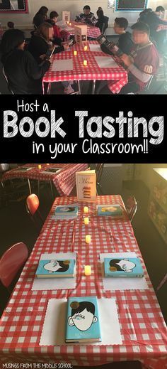 a table with red and white checkered cloth on it that says host a book tasting in your classroom