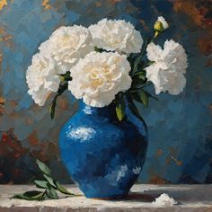 a painting of white flowers in a blue vase