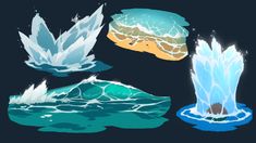 four icebergs floating in the ocean with water splashing on them and melting off