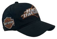 a black hat with an orange and white harley davidson logo