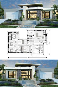 two different views of the front and back of a house with an open floor plan