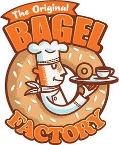 the original bagel factory logo with a chef holding a tray of doughnuts