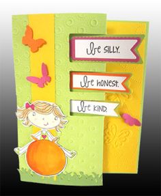 a handmade greeting card with a girl holding an orange and butterflies on the side