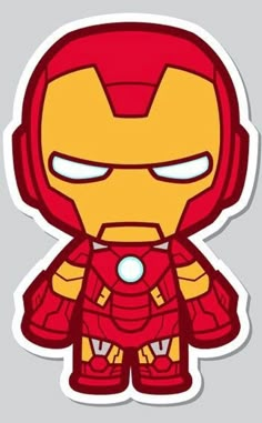 the iron man sticker is shown in red and yellow, with an angry look on his face