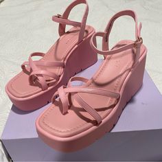 Pink Wedge Strappy Heels New With Tags Pink Pink Platform Shoes, Pink Strappy Heels, Madden Nyc, Taupe Heels, Pink Platform, Pink Wedges, Pink Platforms, Steve Madden Sandals, Suede Fashion