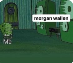 a cartoon character with the words morgan wallen on it's face and an image of a green door in the background