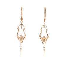 These 14kt yellow gold earrings feature a gorgeous mandala diamond dangle design that can slide on and off of a minimalist diamond bar stud. Earrings are sold as a set and made for pierced ears. Designer: Celine Daoust, handmade in Brussels. 14k Gold Teardrop Diamond Earrings, Timeless Dangle Earrings With Single Cut Diamonds, Diamond Chandelier Dangle Earrings, Pierced Diamond White Drop Earrings, Fine Jewelry Dangle Earrings With Single Cut Diamonds, Fine Jewelry Drop Earrings With Single Cut Diamonds, Timeless Dangle Diamond Earrings, Timeless Dangle Earrings With Diamond Accents, Diamond White 14k Gold Pierced Earrings