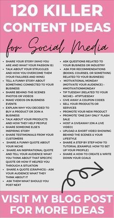 a pink and white poster with the words, 120 killer content ideas for social media