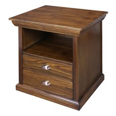 a wooden night stand with two drawers on one side and an open drawer on the other