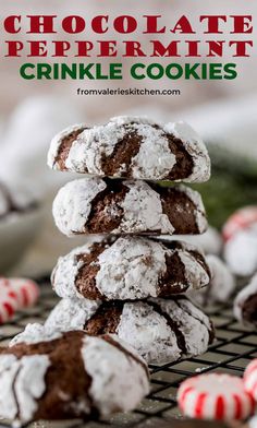 chocolate peppermint crinkle cookies stacked on top of each other