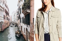 a woman standing next to a canal with gondolas on it and an image of a boat in the water