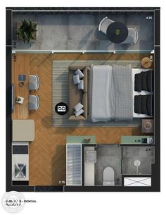 an overhead view of a bedroom and living room in a small apartment with wood flooring