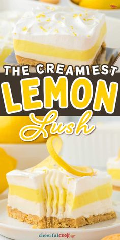 the creamest lemon lush cheesecake on a white plate