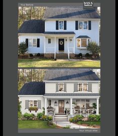 the before and after pictures of a white house with black shutters on both sides