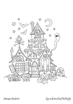 a halloween house with ghost and pumpkins in the yard coloring pages for kids to color