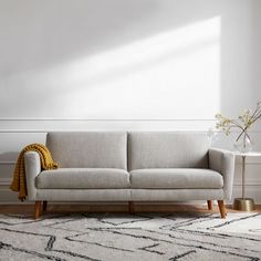 a living room with white walls and a gray couch in front of a rug on the floor