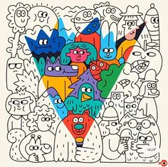 a drawing with many different faces and shapes on the bottom half of it, as well as