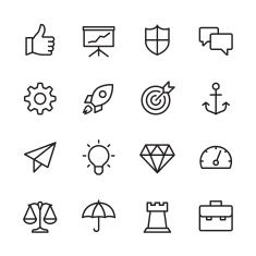 thin line icons with different types of business and marketing related items, such as an umbrella