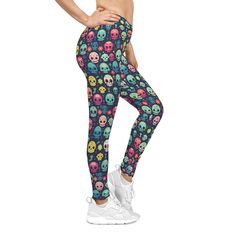 Cute Halloween Candy Calavera Sugar-Skull Women's Casual Leggings All-Over Print "AOP" by FroggyDawgz The most comfortable item in your wardrobe, these casual leggings are so smooth you will never want to step out of them. They're made from 83% polyester, 17% spandex and sport a silky finish. Perfect for chilling in the house and working out - the elastic waistband keeps them in place at all times. A size and care label is already attached. .: Material: 83% polyester, 17% spandex .: Seam thread Halloween Skull Print Bottoms For Alternative Fashion, Punk Halloween Bottoms With Skull Print, Punk Bottoms With Skull Print For Halloween, Fitted Skull Print Leggings For Halloween, Halloween Stretch Skull Print Leggings, Halloween Skull Print Black Leggings, Black Skull Print Leggings For Halloween, Halloween Alternative Style Streetwear Leggings, Halloween Streetwear Leggings