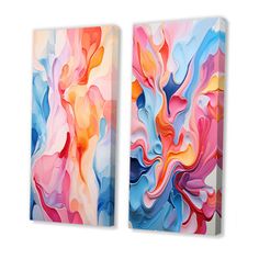 two abstract paintings with different colors and shapes on canvases, one is pink, the other is blue