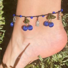 Handmade Crochet Anklet Blue Adjustable Blue Bohemian Ankle Wrap Anklet, Blue Beaded Bohemian Anklets, Blue Ankle Wrap Anklets For Festival, Adjustable Blue Anklets For Festival, Bohemian Blue Anklets For Gift, Bohemian Blue Beaded Anklets, Adjustable Blue Bohemian Anklets, Casual Blue Anklets For Festival, Casual Handmade Blue Anklets