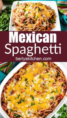 this mexican spaghetti casserole is loaded with meat, cheese and vegetables for an easy weeknight meal