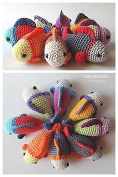 crocheted stuffed animals are shown in three different colors and sizes, each with a fish on it's tail