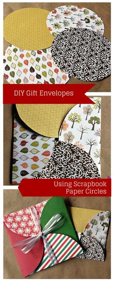 the instructions for how to make diy gift envelopes using scrapbook paper circles