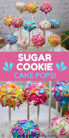 sugar cookie cake pops with sprinkles on top and the title overlay reads sugar cookie cake pops