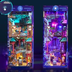 the inside and outside view of an interactive gaming machine, which is lit up at night