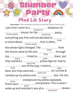 the summer party mad lib story is shown in pink and white checkered paper