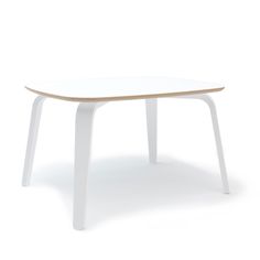 a white table with a wooden top on a white background, it looks like an oval shape