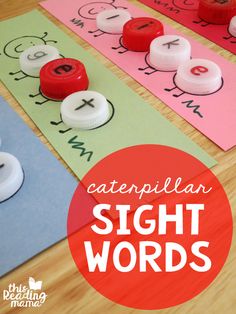 the words caterpillar sight match are displayed on paper with buttons and glue to make them look like they're learning