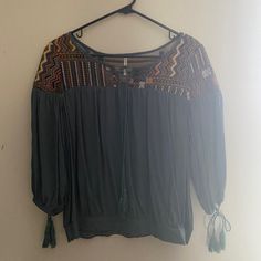 Nwot, Size Large, Includes Tassel Neckline, Tassel Sleeves, Elastic Waistband In Back Green Spring Tops With Tassels, Spring Green Tops With Tassels, Green Bohemian Tops With Tassels, Bohemian Green Tops With Tassels, Casual Green Tops With Tassels, Tassel Sleeves, Teal Blouse, Tie Sleeve, Top Blouse