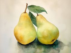 two pears with green leaves sitting on top of each other