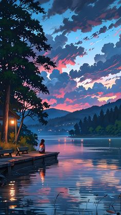 a person sitting on a dock watching the sun go down over water with trees and mountains in the background