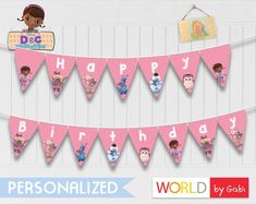 a pink birthday banner with cartoon characters on it and the words happy birthday written in large letters