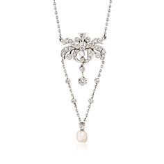 Ross-Simons - C. 1920 Vintage 2.5-5.5mm Cultured Pearl, 1.10ct t. w. Diamond Drop Necklace, 14kt Gold. 18". C. 1920. This stunning Art Deco-era design can be yours to admire and adore! Our Estate collection necklace features a light and airy drop design sparkling with 1.10 ct. t. w. round Old Mine-cut diamonds and 2.5mm and 5.5mm cultured freshwater baroque pearl drops. Finely crafted in polished platinum; back of pendant is 14kt yellow gold. Cable chain. Graduates from 1/16" to 2" wide. Cable chain. Springring clasp, diamond and white pearl drop necklace. Exclusive, one-of-a-kind Estate Jewelry. Pearl birthstones are the perfect gift for June birthdays. Diamond Drop Necklace, Pearl Birthstone, Pearl Drop Necklace, Jewelry Pearl, Drop Design, Diamond Drops, Drop Necklace, Pearl Drop, Baroque Pearls