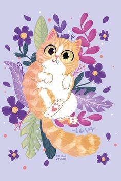 an orange and white cat sitting on top of a purple flowery plant with the word ligna written below it