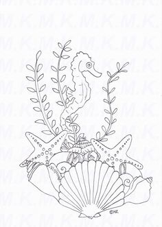 a drawing of seahorses and starfish on the bottom of a seashell