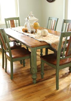 a dining room table with chairs and a clock on the wall in the background that says how to update a table with chalk paint