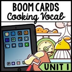 a hand holding an ipad with the words boom cards cooking vocal