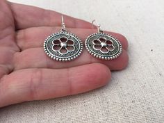 "Unique and classic. These highly detailed silver flower earrings are made from allergy free plated silver and hang from allergy free silver plated earwires. They measure 7/8\" across. I have a matching necklace in my shop if you would like the whole set. https://www.etsy.com/listing/163261905/silver-flower-pendant-simple-silver?ref=shop_home_active" Nickel-free Bohemian Flower Earrings, Bohemian Hypoallergenic Flower Earrings, Bohemian Flower-shaped Metal Earrings, Bohemian Silver Earrings With Flower Charm, Bohemian Flower-shaped Pierced Earrings, Bohemian Flower Charm Drop Earrings, Bohemian Flower Earrings Nickel Free, Bohemian Metal Flower-shaped Earrings, Bohemian Flower-shaped Earrings