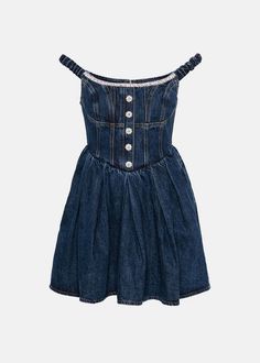 Crystal-embellished cotton denim mini dress in blue.  corset style  decorative button detailing  flared skirt  pleat detailing  straight hem  unlined  rear zip fastening    100% cotton  made in china. Off Shoulder Mini Dress, Portrait Dress, Denim Outfits, Self Portrait Dress, Embellished Denim, City Dress, Dream Style, Fashion 2024, Denim Mini Dress