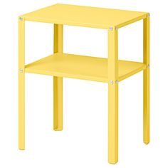 a yellow side table with two shelves on each side and one shelf at the top