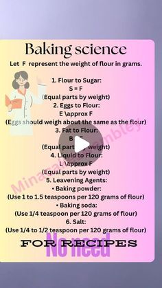 the instructions for baking science are shown in pink and purple colors, with an image of a woman's face