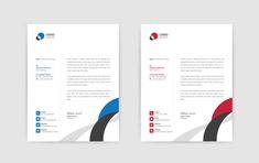 two letterheads with red, blue and black designs on the front and back