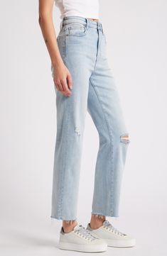 Made to look like well-loved favorites, these stretchy straight-leg jeans are distressed with threadbare rips, bleach splatters and ankle-grazing raw hems. 28" inseam; 11 1/2" front rise Zip fly with button closure Five-pocket style 93% cotton, 5% polyester, 2% spandex Machine wash, tumble dry Imported High Rise Ripped Light Wash Flare Jeans, Spring Distressed Full-length Flare Jeans, Ripped Light Wash Full Length Flare Jeans, Mid-rise Distressed Flare Jeans In Rigid Denim, Mid-rise Distressed Rigid Denim Flare Jeans, Ripped Light Wash Flare Jeans In Rigid Denim, Ripped Light Wash Rigid Denim Flare Jeans, Straight Leg Distressed Flare Jeans In Medium Wash, Distressed Straight Denim Jeans