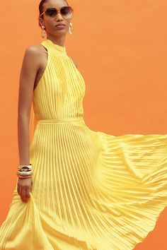 Polyester Zipper styling Professional spot clean Imported | Halter Pleated Midi Dress by Mac Duggal in Yellow, Women's, Size: 16, Polyester at Anthropologie Haldi Dresses, Sporty Style Outfits, Haldi Dress, Pleated Halter Dress, Pleated Satin Dress, Mustard Yellow Dresses, Yellow Fits, Lacy Tops, Yellow Midi Dress