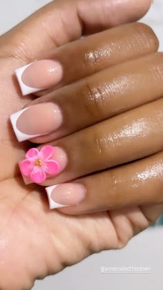 #summer #flowers #frenchnails Vacation Nails Short French Tip, Short Acrylic Nails Tropical, Pink Flowers On Nails, Clear Nails With Flower Design, Holiday Nails Flowers, Pink Orange Flower Nails, White French Tip With Flower Design, Hawaiian Flower Nails Hibiscus, French Tip With Flower Design